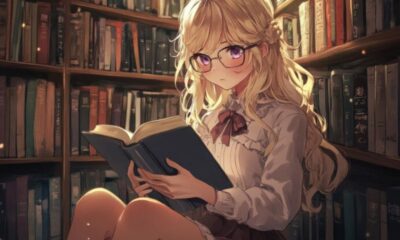 blonde girl glasses book anime