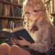 blonde girl glasses book anime