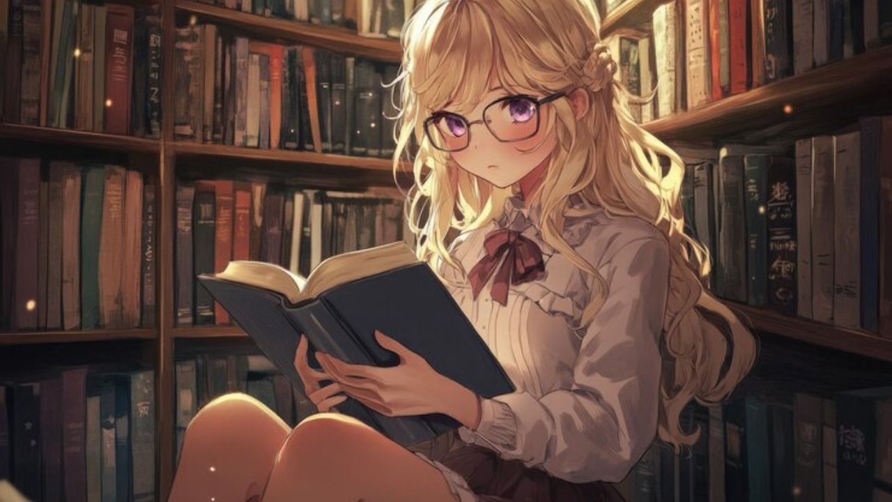 blonde girl glasses book anime